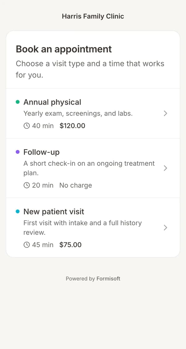 The patient booking page on a phone