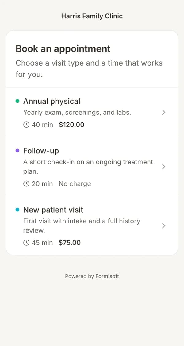 The booking page with visit types and prices