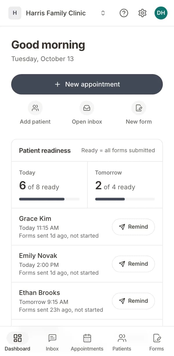 The Formisoft dashboard on a phone showing today's schedule