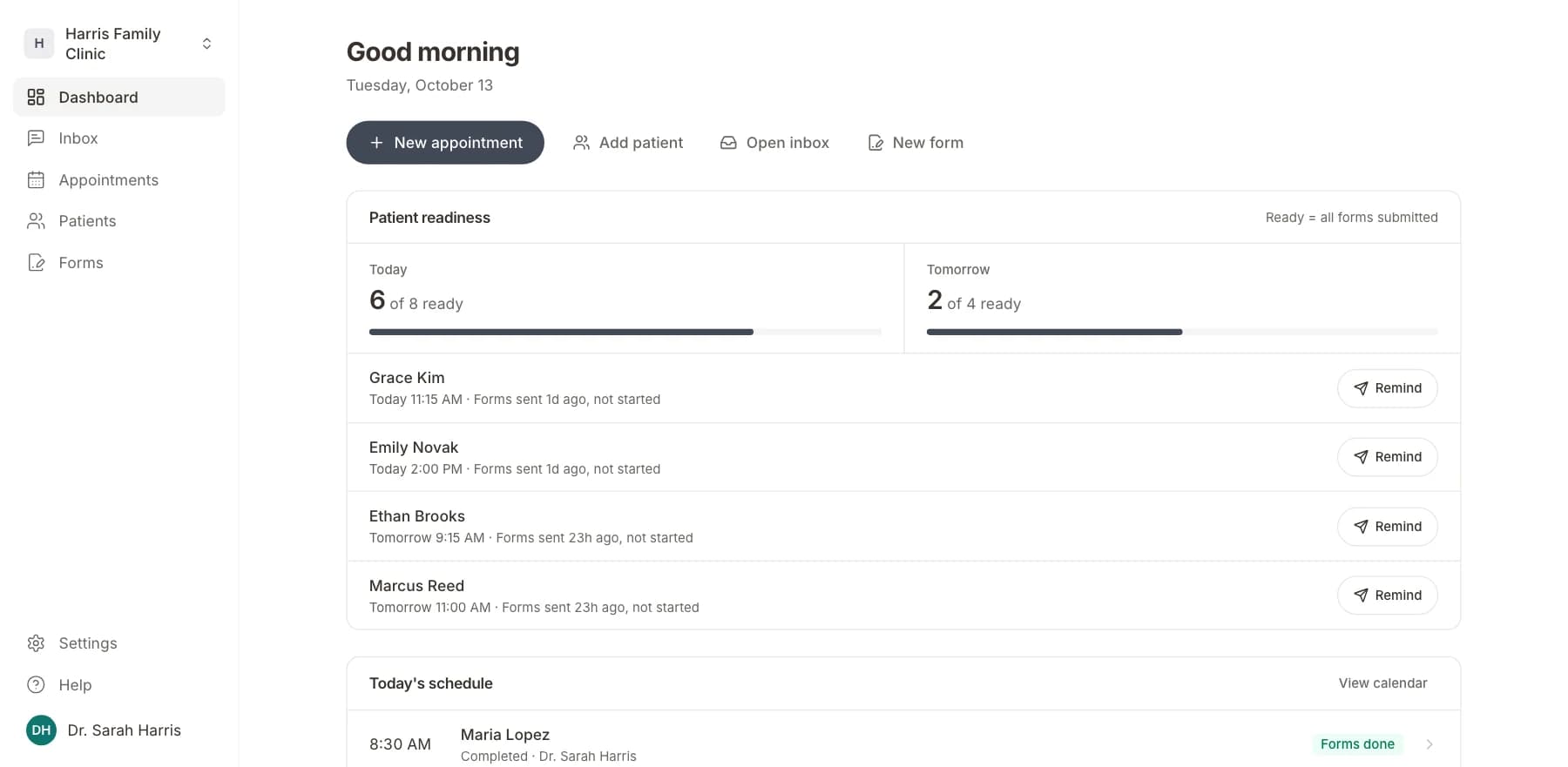 The Formisoft dashboard showing today's schedule with each patient's intake status
