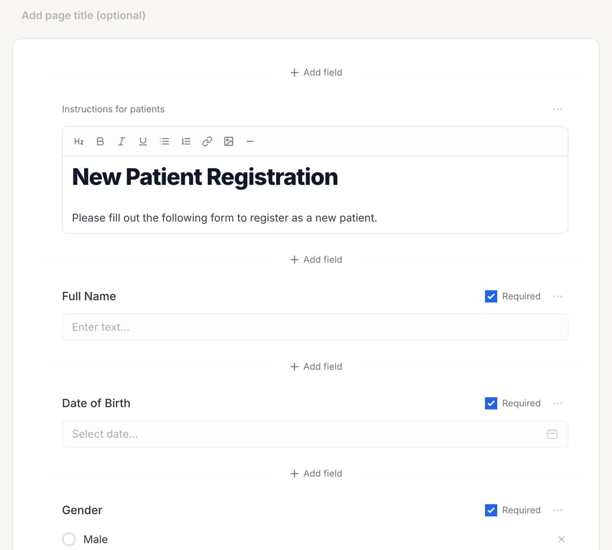 The Formisoft form builder editing a New Patient Intake form