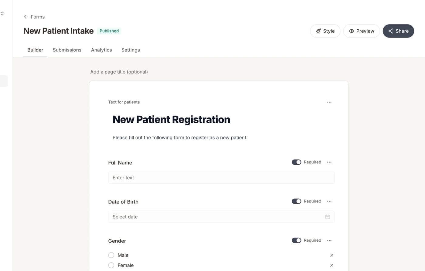 The form builder editing an intake form