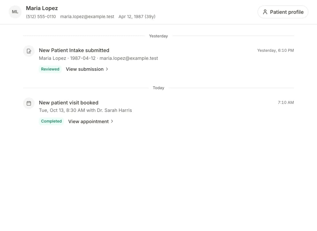 The Formisoft inbox showing a submitted New Patient Intake next to the patient's appointment