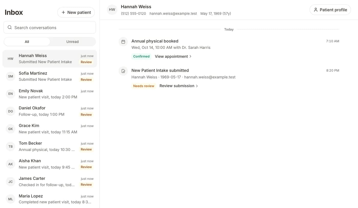The patient inbox with a submitted intake and an upcoming visit