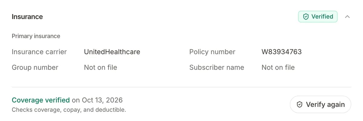 Insurance on the patient chart marked Coverage verified