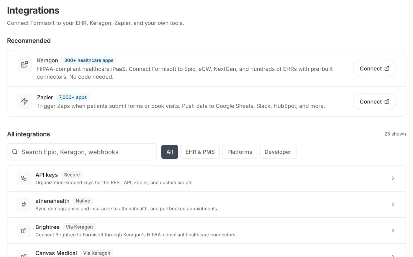 Integration settings with Keragon, Zapier, and native EHR connectors like athenahealth