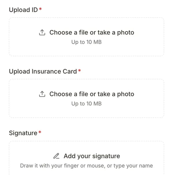 A patient form with ID and insurance card uploads and a signature field
