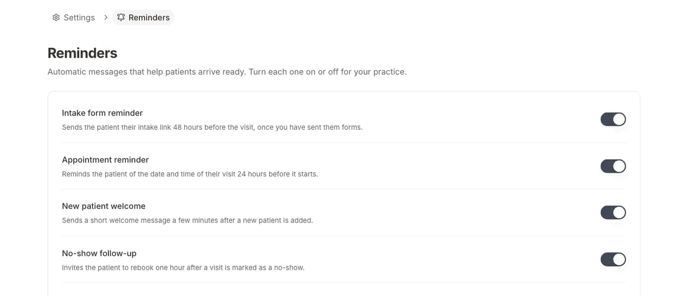 Reminder settings with intake, appointment, welcome, and no-show messages turned on