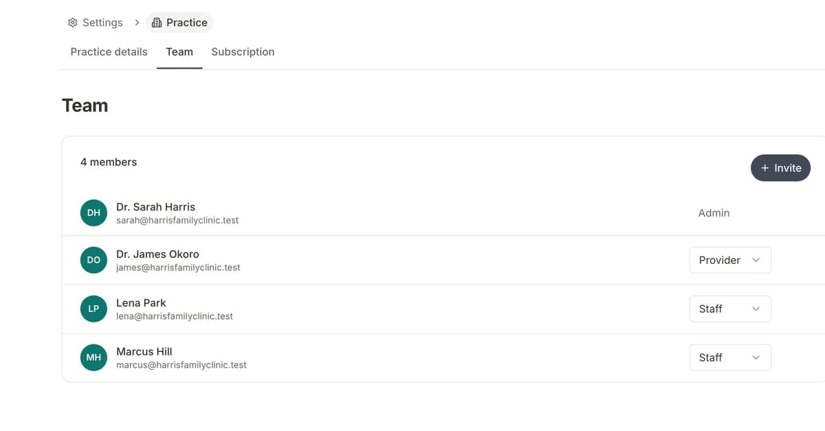 The team settings with admin, provider, and staff roles
