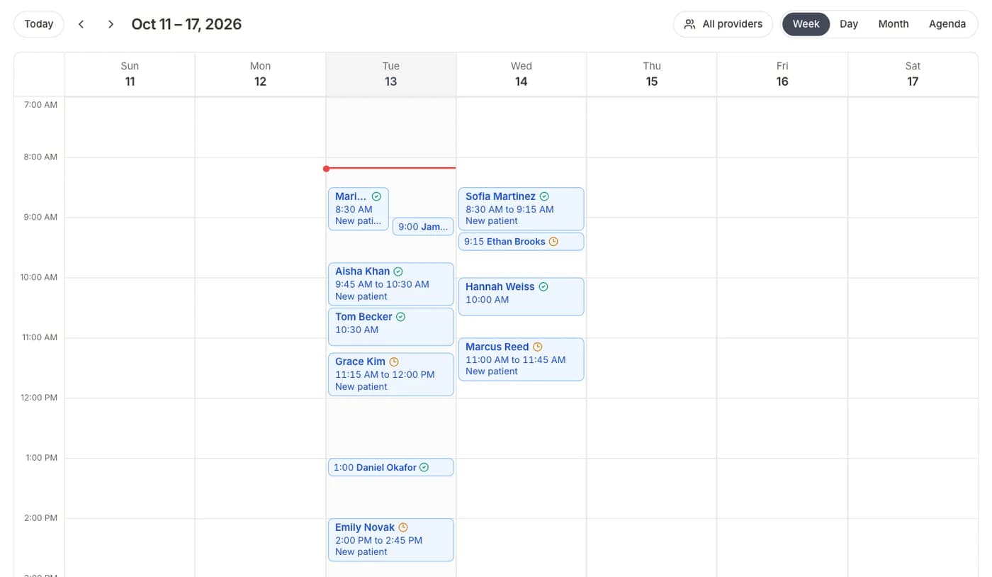 The practice calendar with a ready or forms pending mark on each visit
